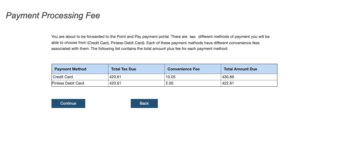Fee Confirmation Illustration showing fee amount and information about payment process. Also displays a continue and a cancel button.